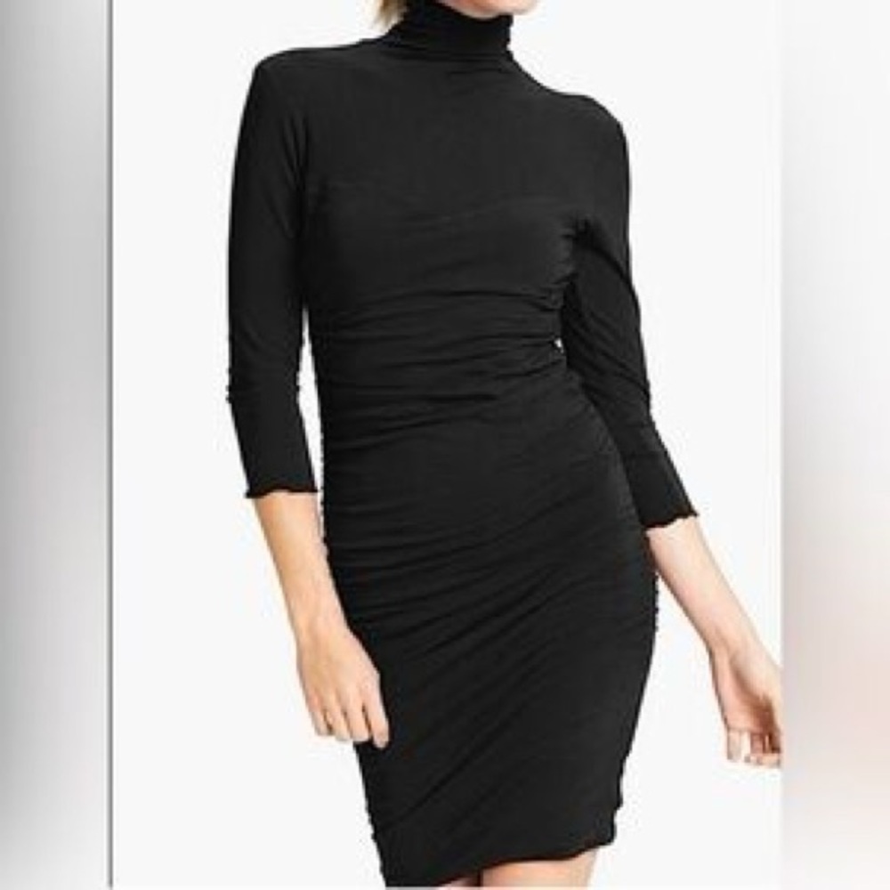 James Perse LBD Ruched Long Sleeve Little Black Dress Cotton Stretch Fine Knit